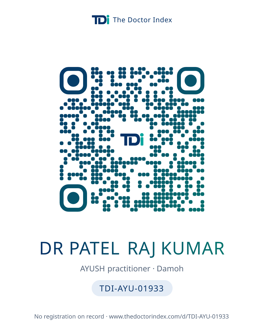 QR card for Dr Patel Raj Kumar, TDI-AYU-01933