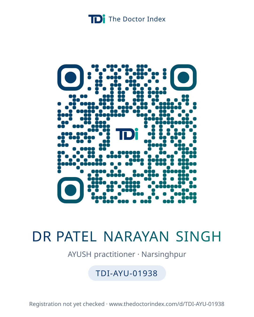 QR card for Dr Patel Narayan Singh, TDI-AYU-01938