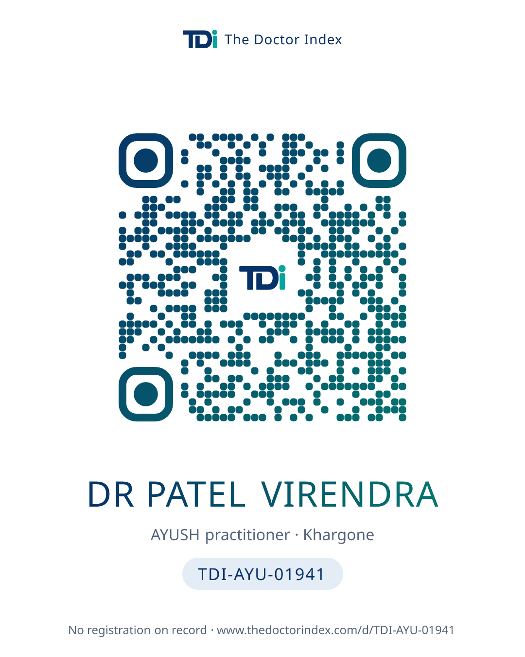 QR card for Dr Patel Virendra, TDI-AYU-01941