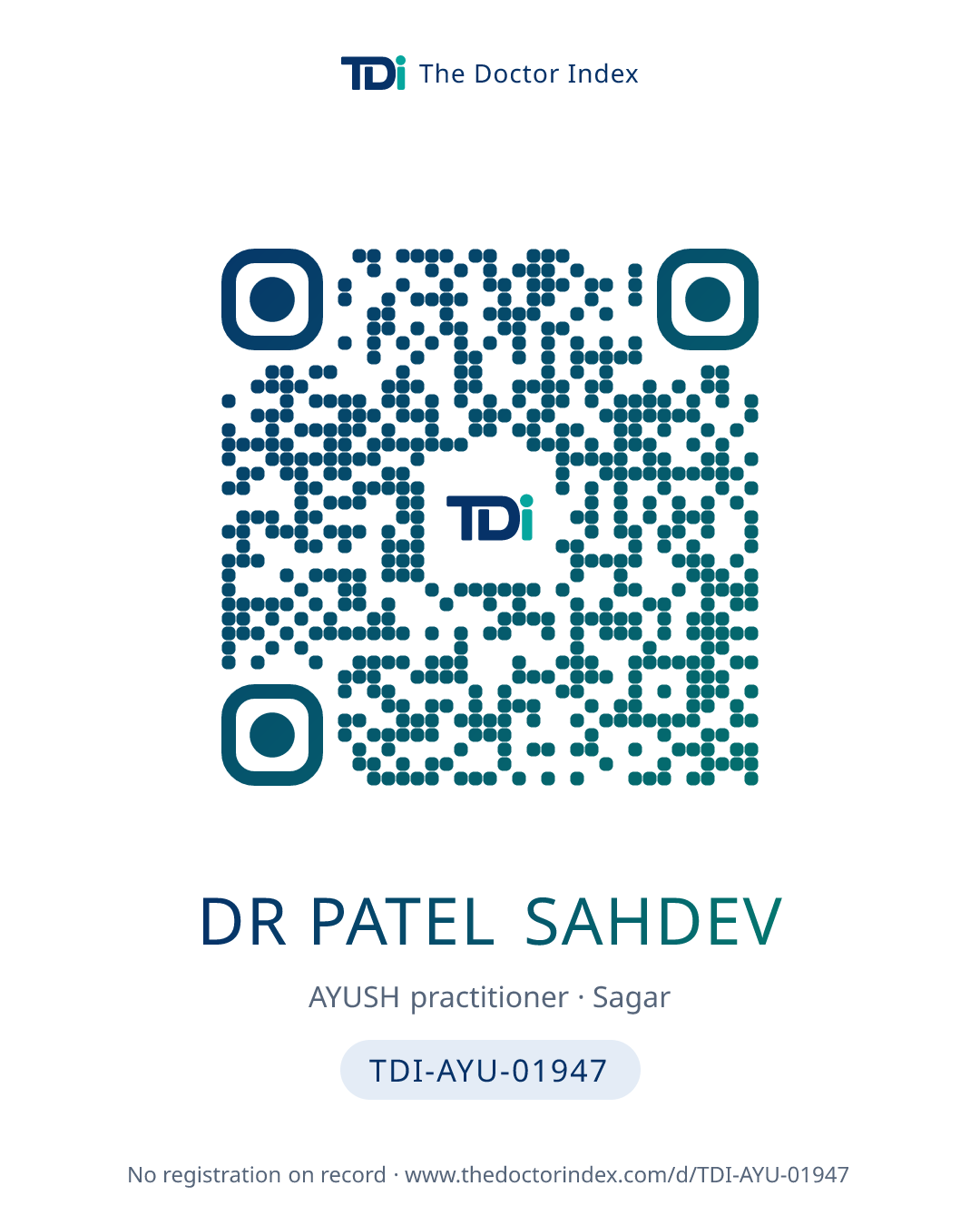 QR card for Dr Patel Sahdev, TDI-AYU-01947