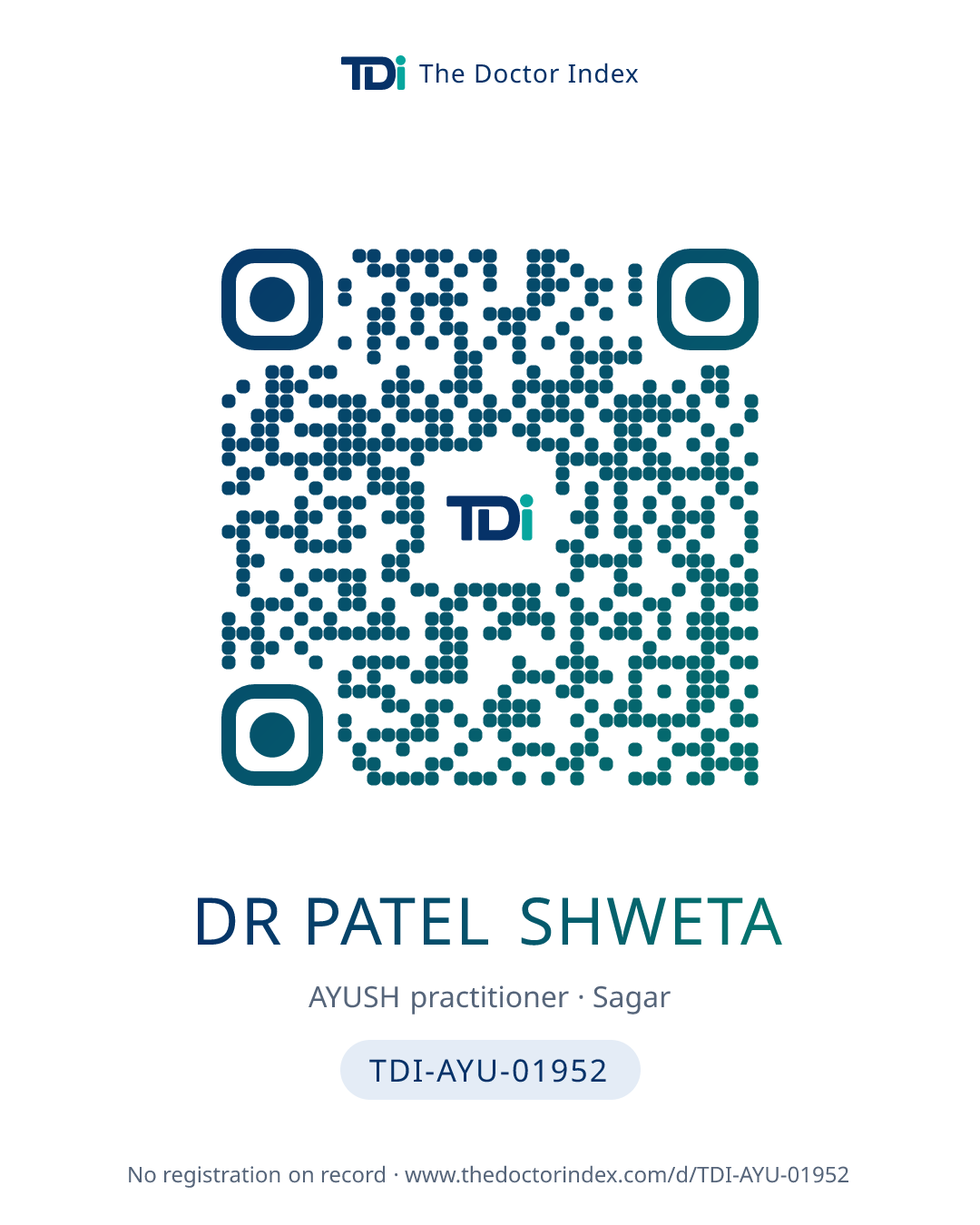 QR card for Dr Patel Shweta, TDI-AYU-01952