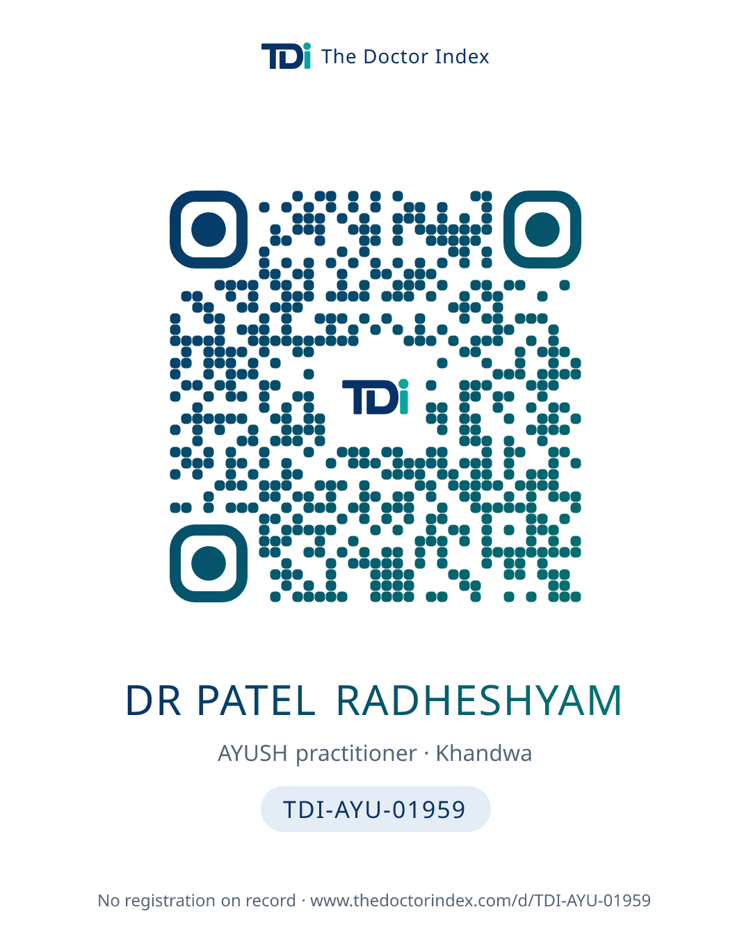 QR card for Dr Patel Radheshyam, TDI-AYU-01959