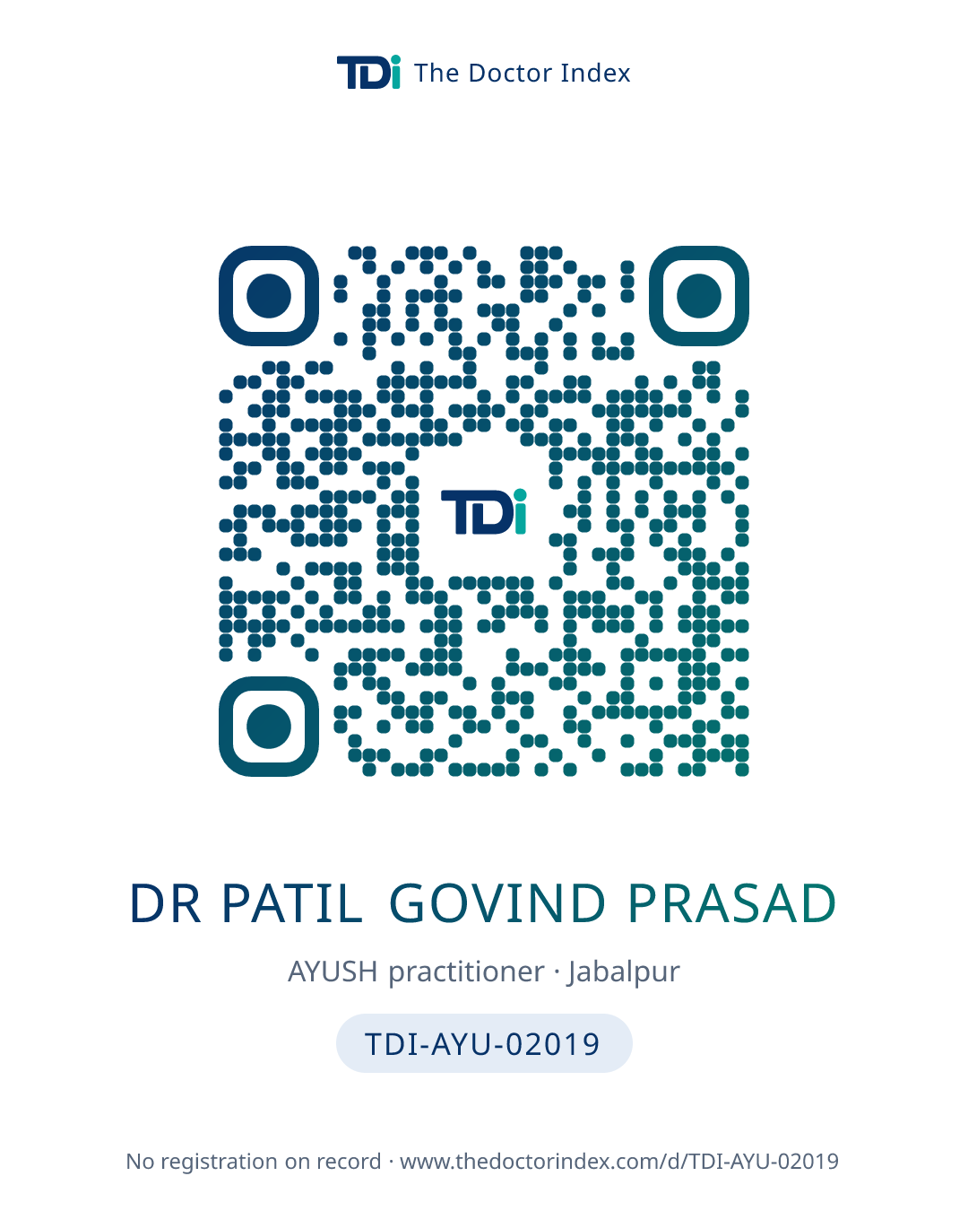 QR card for Dr Patil Govind Prasad, TDI-AYU-02019