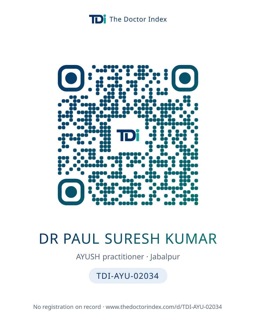 QR card for Dr Paul Suresh Kumar, TDI-AYU-02034