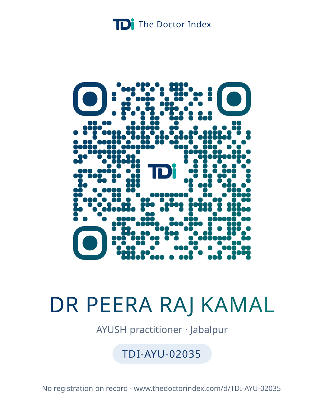 QR card for Dr Peera Raj Kamal, TDI-AYU-02035
