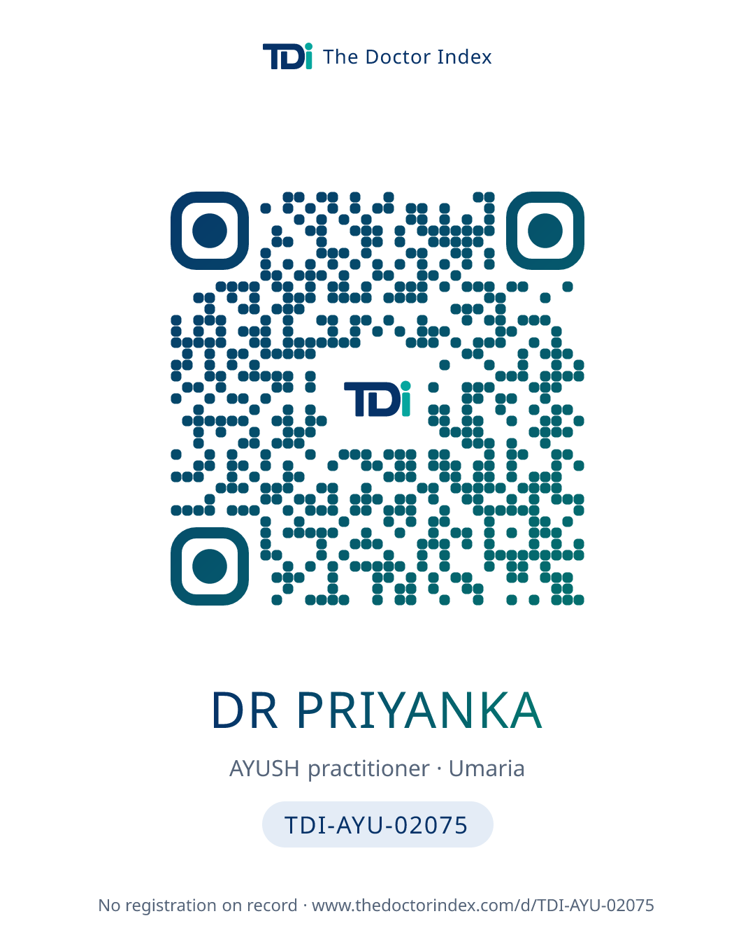 QR card for Dr Priyanka, TDI-AYU-02075