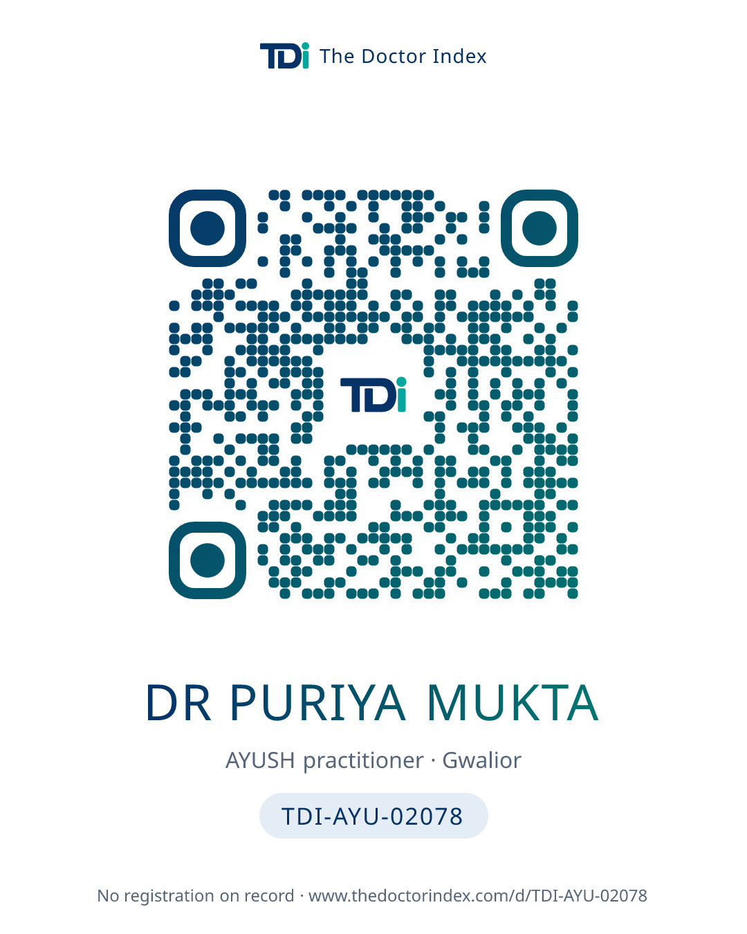 QR card for Dr Puriya Mukta, TDI-AYU-02078