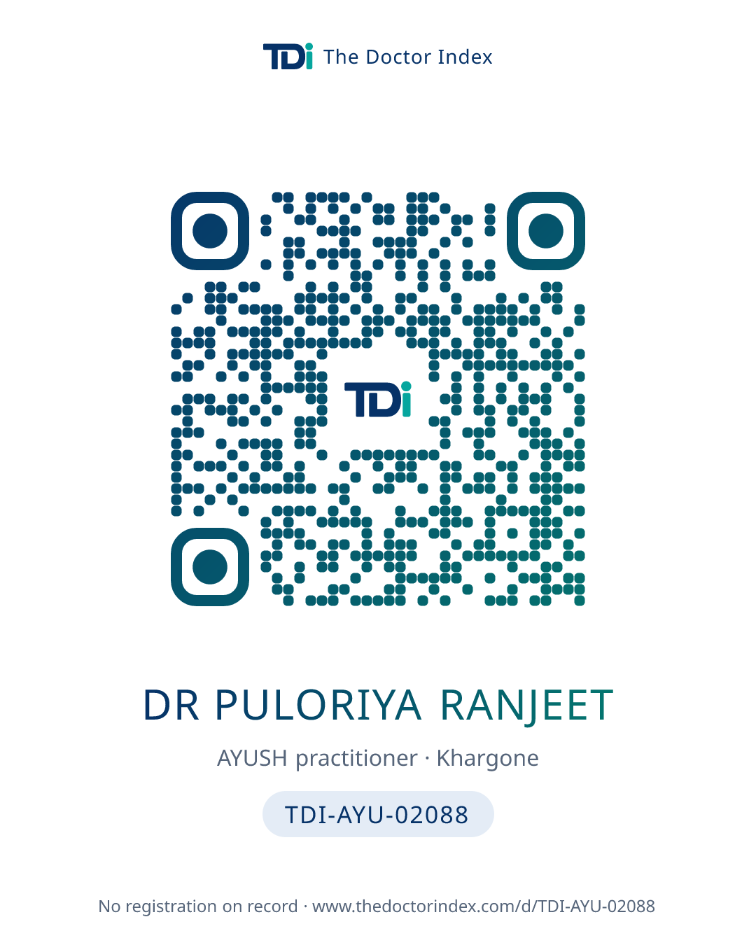 QR card for Dr Puloriya Ranjeet, TDI-AYU-02088