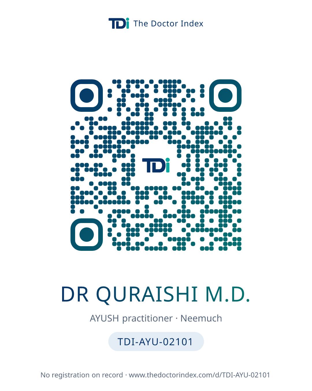 QR card for Dr Quraishi M.D., TDI-AYU-02101