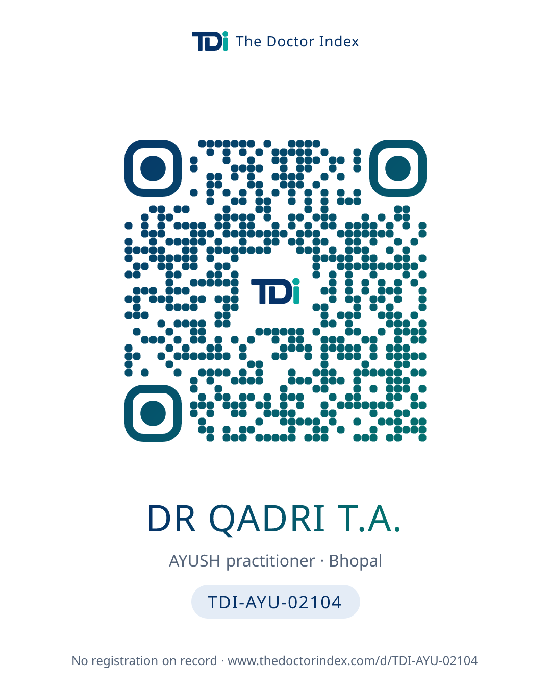 QR card for Dr Qadri T.A., TDI-AYU-02104