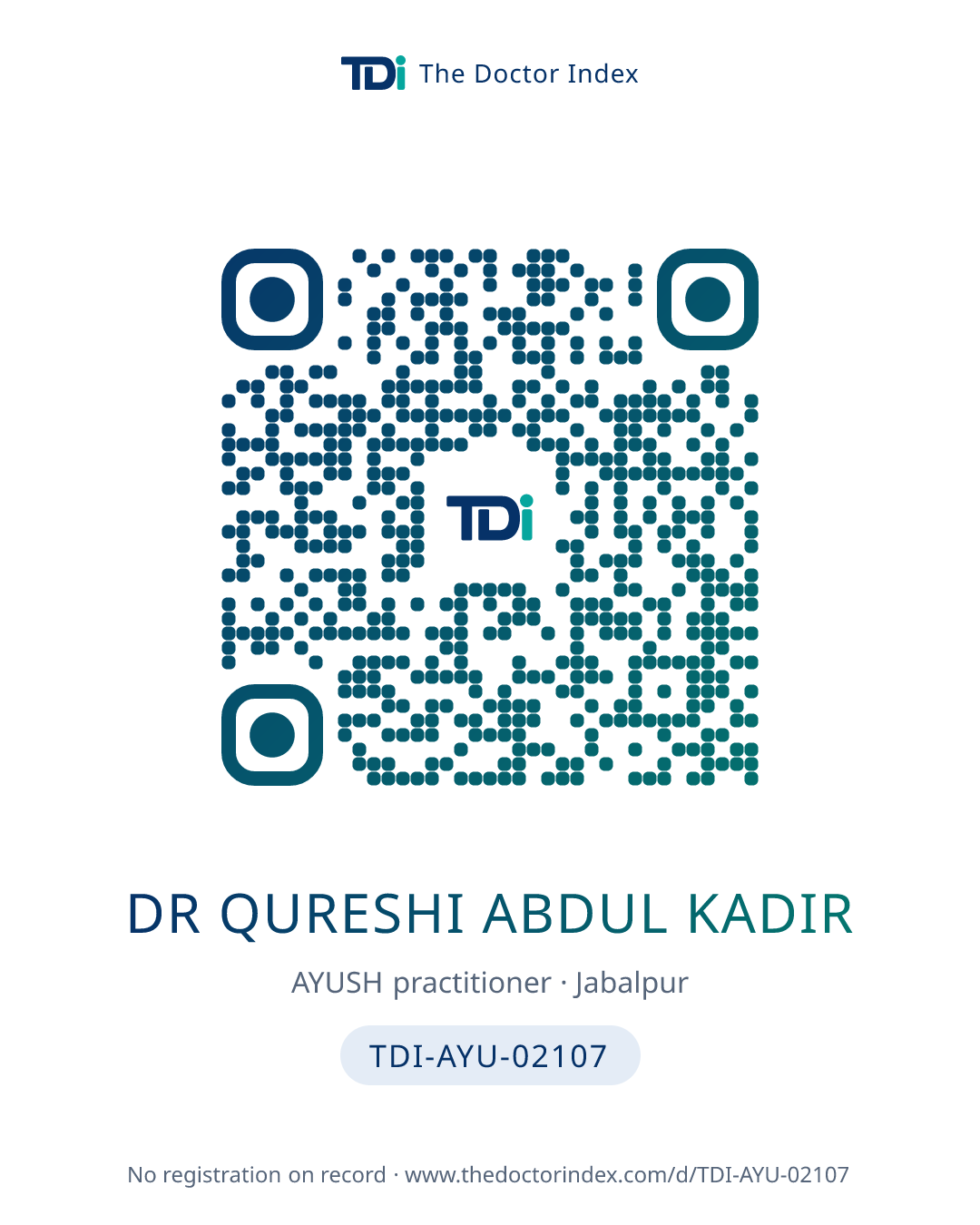 QR card for Dr Qureshi Abdul Kadir, TDI-AYU-02107