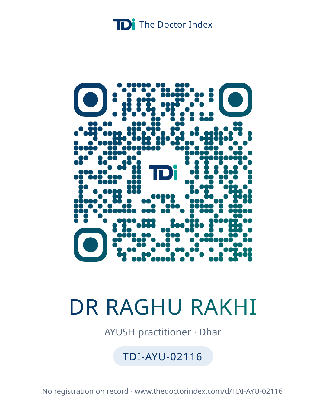 QR card for Dr Raghu Rakhi, TDI-AYU-02116