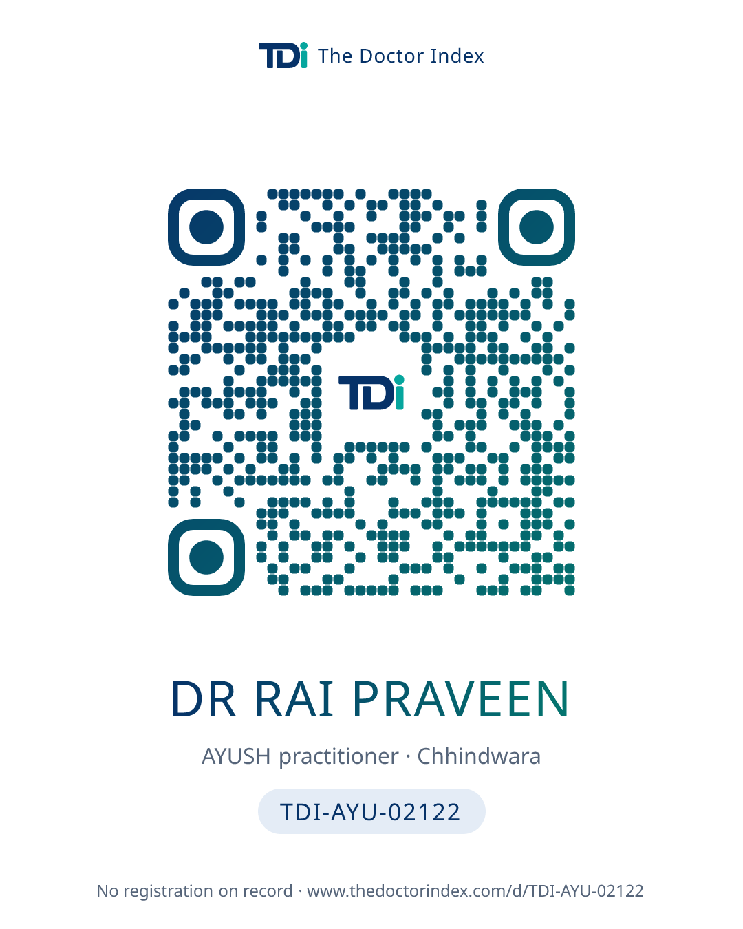 QR card for Dr Rai Praveen, TDI-AYU-02122