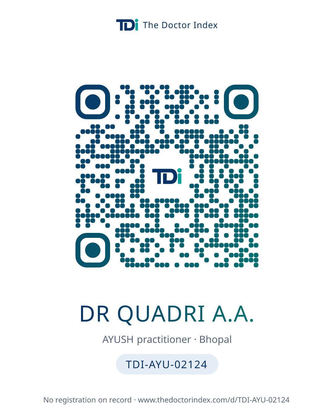 QR card for Dr Quadri A.A., TDI-AYU-02124