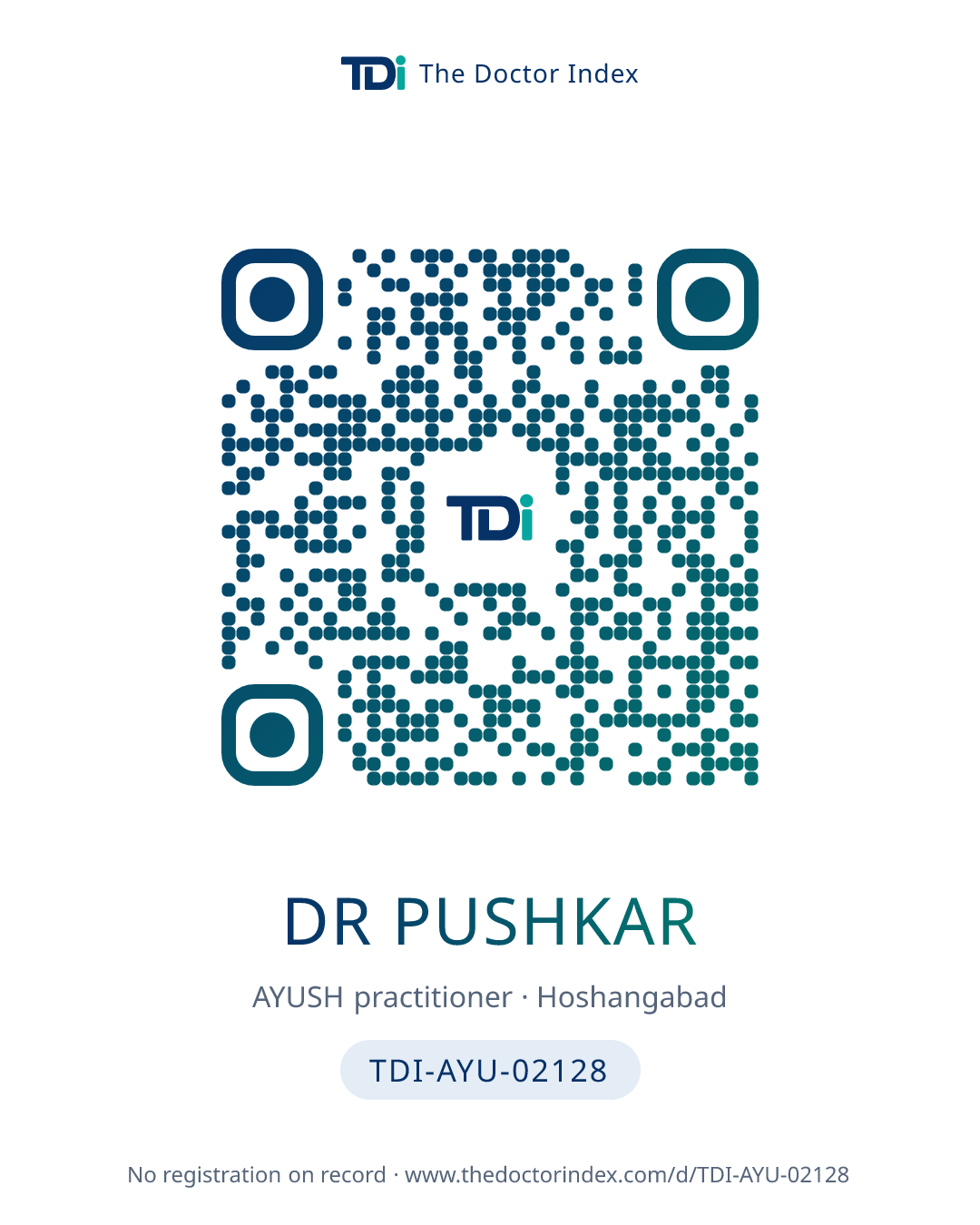 QR card for Dr Pushkar, TDI-AYU-02128