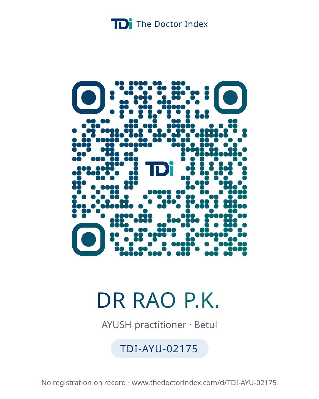 QR card for Dr Rao P.K., TDI-AYU-02175