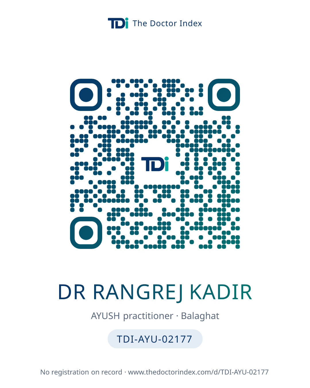 QR card for Dr Rangrej Kadir, TDI-AYU-02177