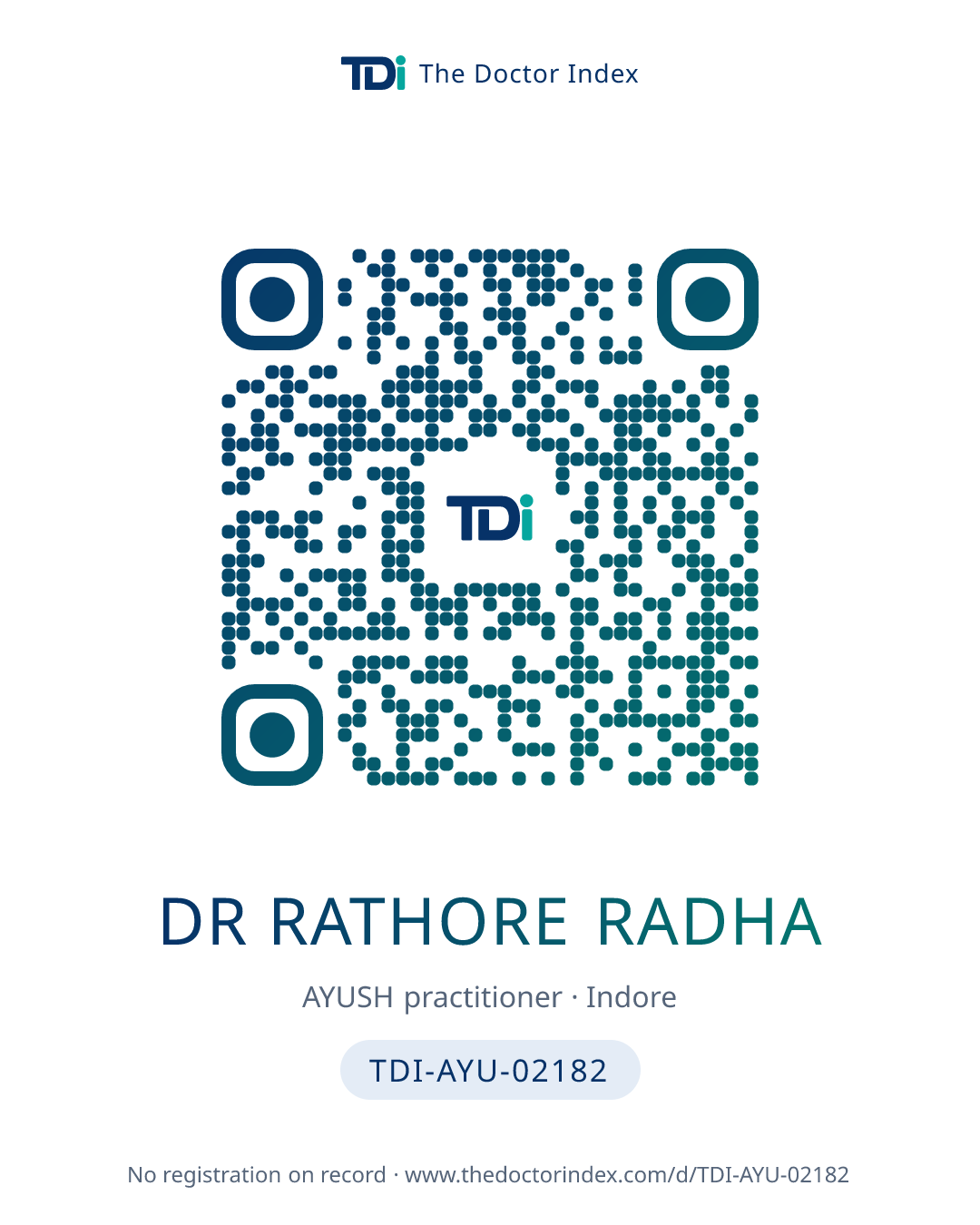 QR card for Dr Rathore Radha, TDI-AYU-02182