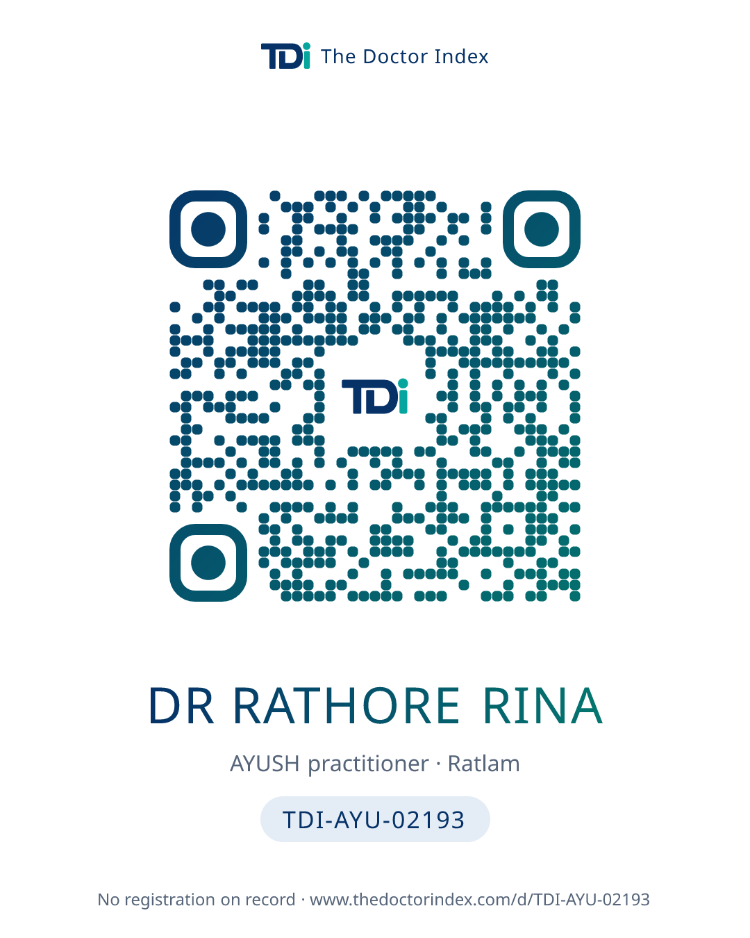QR card for Dr Rathore Rina, TDI-AYU-02193