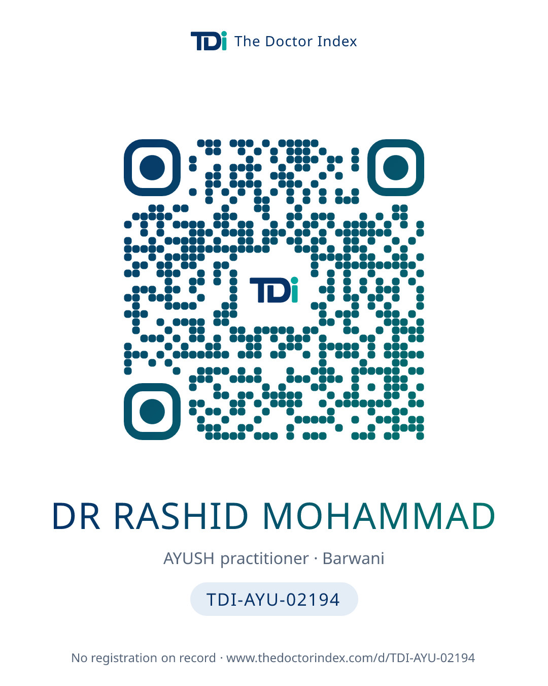QR card for Dr Rashid Mohammad, TDI-AYU-02194