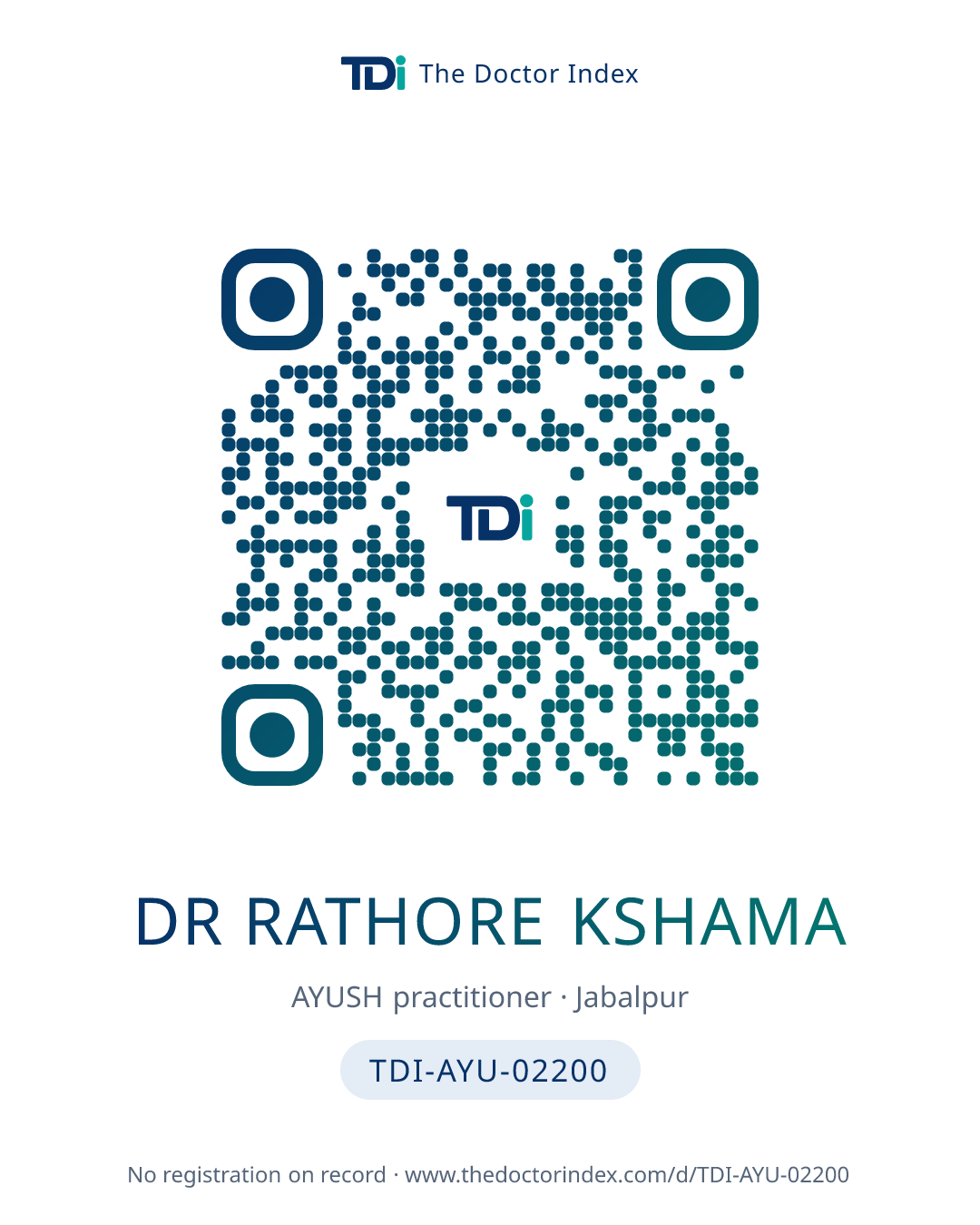 QR card for Dr Rathore Kshama, TDI-AYU-02200