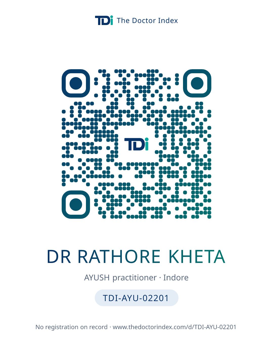 QR card for Dr Rathore Kheta, TDI-AYU-02201