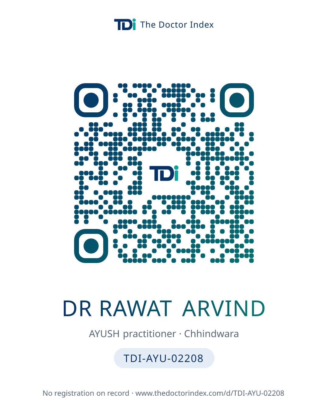 QR card for Dr Rawat Arvind, TDI-AYU-02208