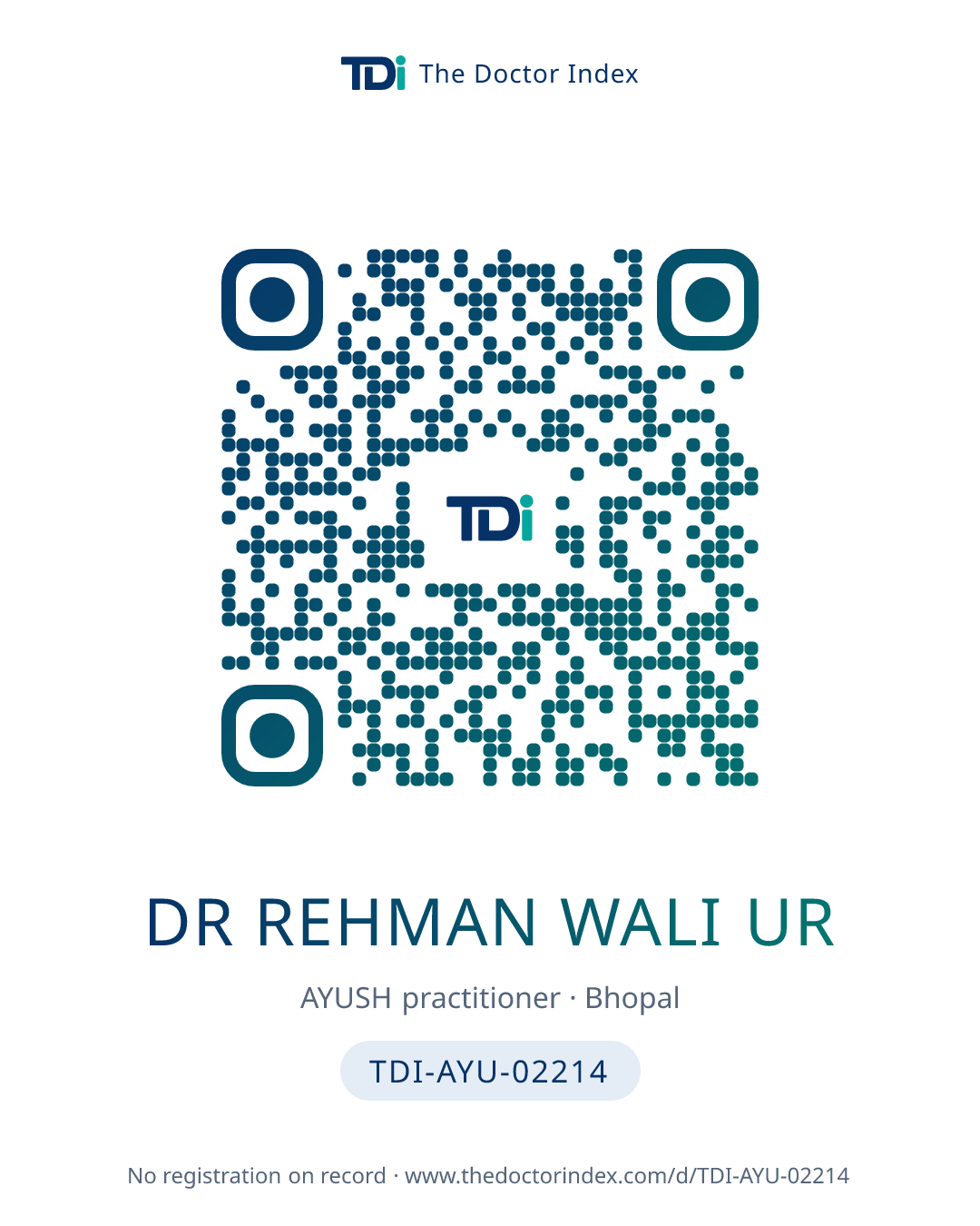 QR card for Dr Rehman Wali Ur, TDI-AYU-02214