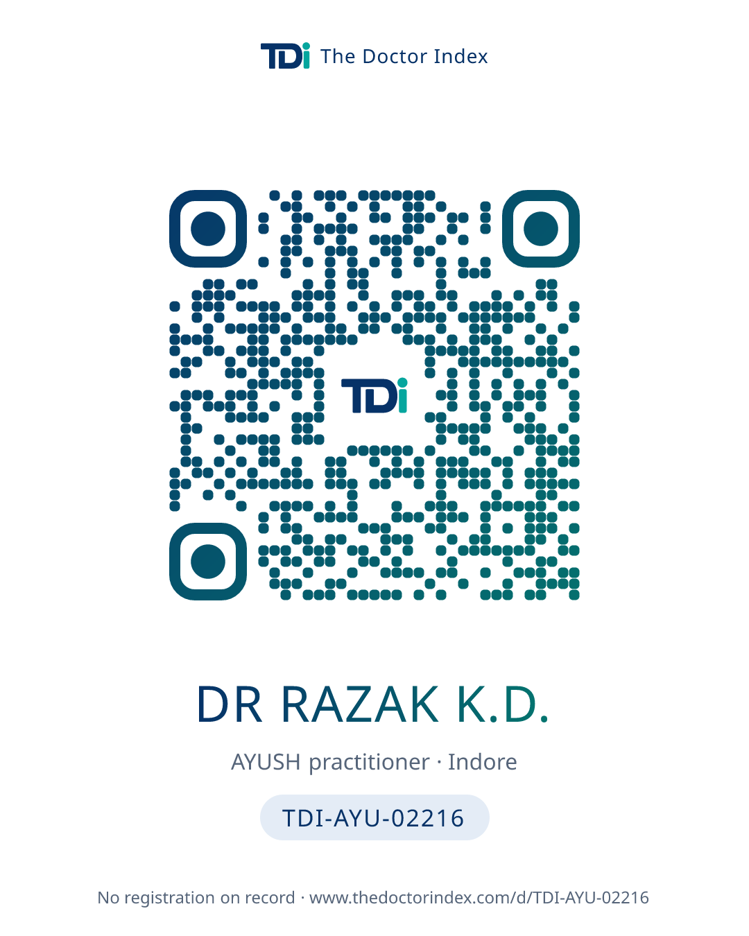 QR card for Dr Razak K.D., TDI-AYU-02216