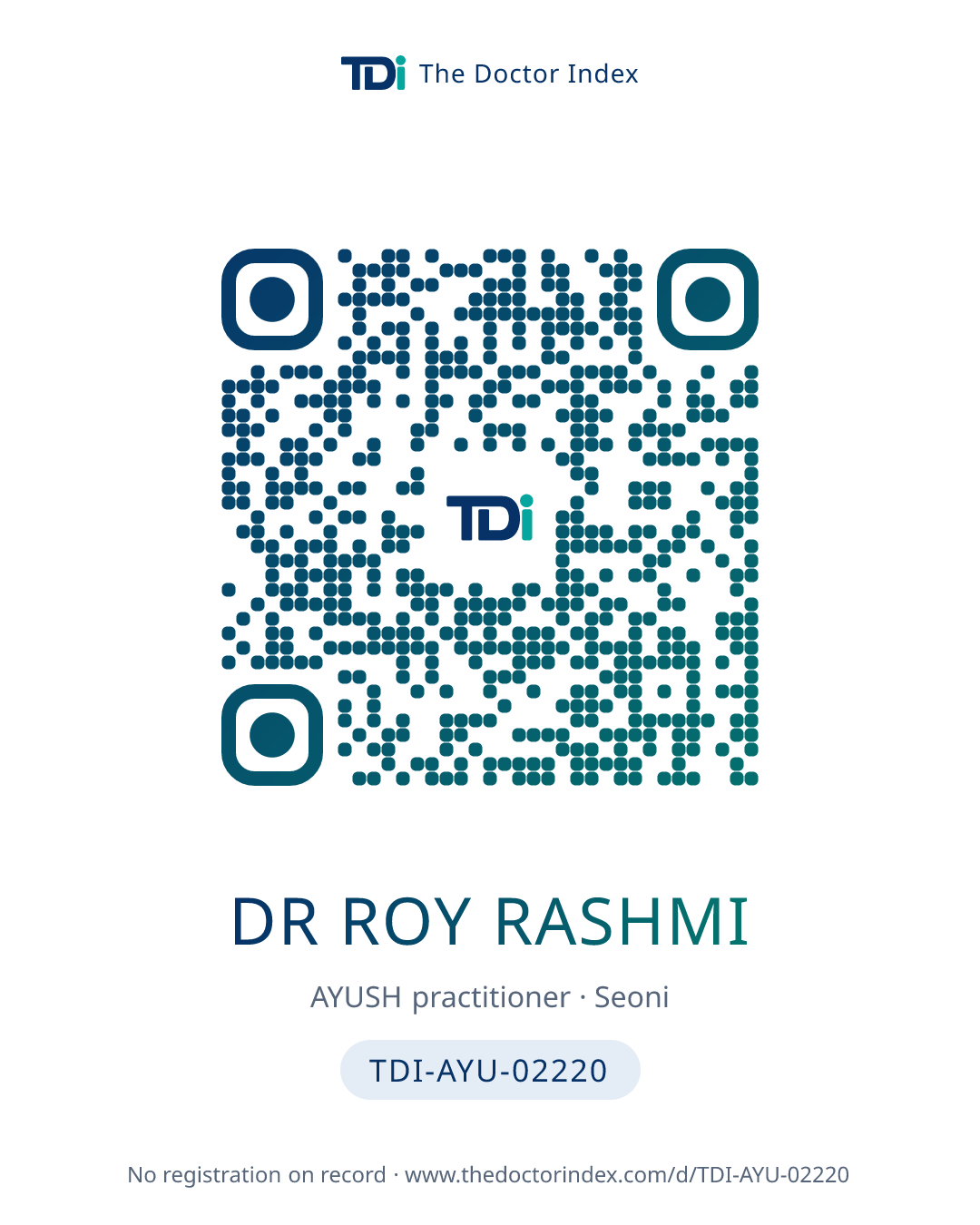 QR card for Dr Roy Rashmi, TDI-AYU-02220