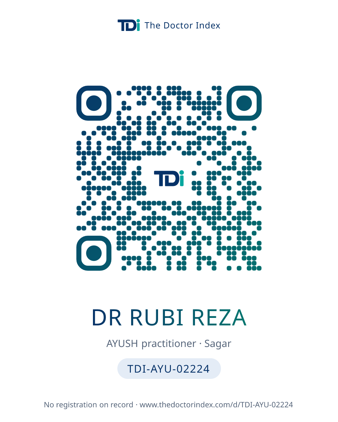 QR card for Dr Rubi Reza, TDI-AYU-02224