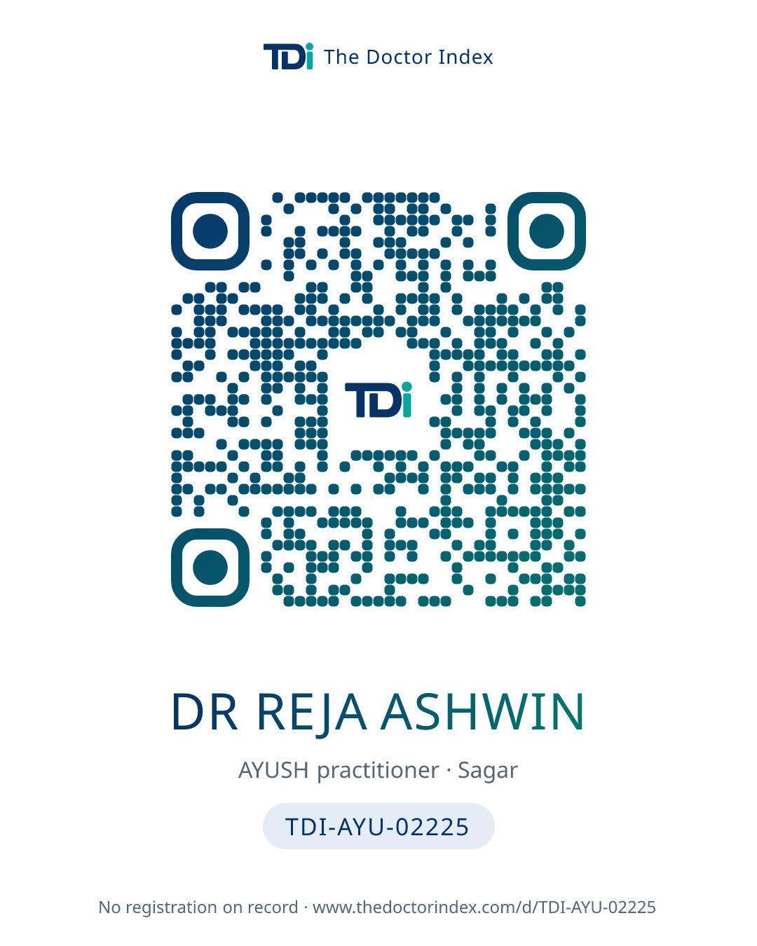 QR card for Dr Reja Ashwin, TDI-AYU-02225