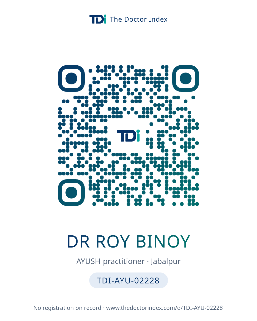 QR card for Dr Roy Binoy, TDI-AYU-02228