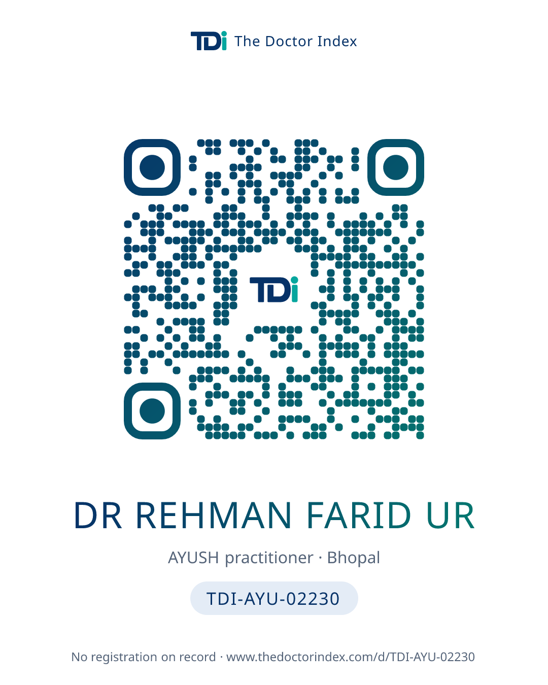 QR card for Dr Rehman Farid Ur, TDI-AYU-02230