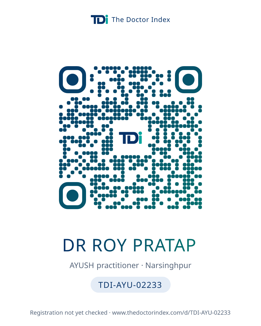 QR card for Dr Roy Pratap, TDI-AYU-02233