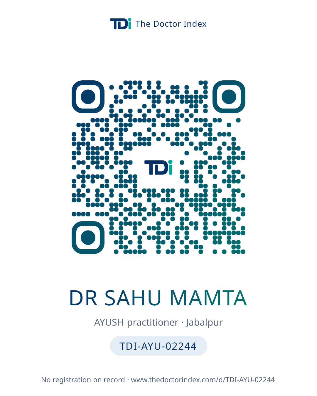 QR card for Dr Sahu Mamta, TDI-AYU-02244