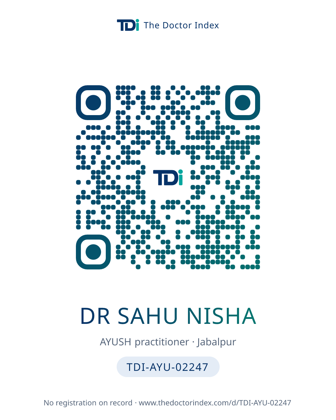 QR card for Dr Sahu Nisha, TDI-AYU-02247
