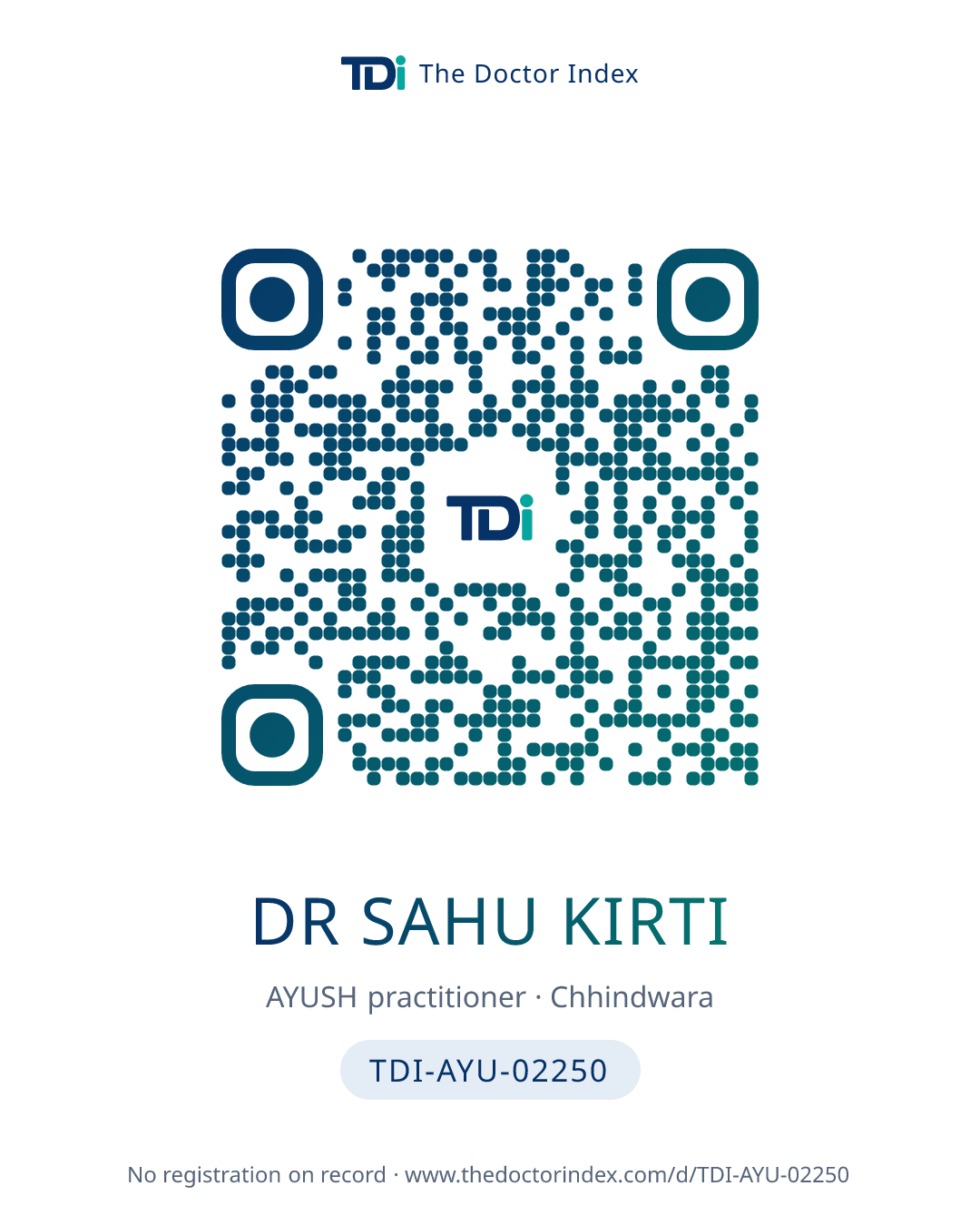 QR card for Dr Sahu Kirti, TDI-AYU-02250