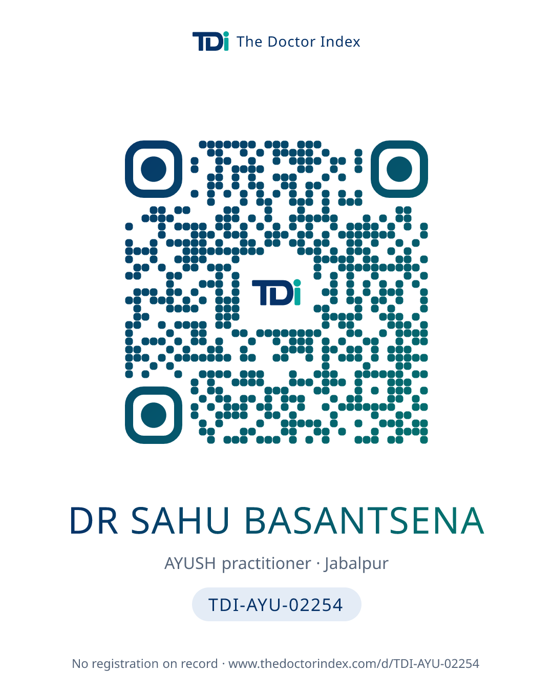QR card for Dr Sahu Basantsena, TDI-AYU-02254