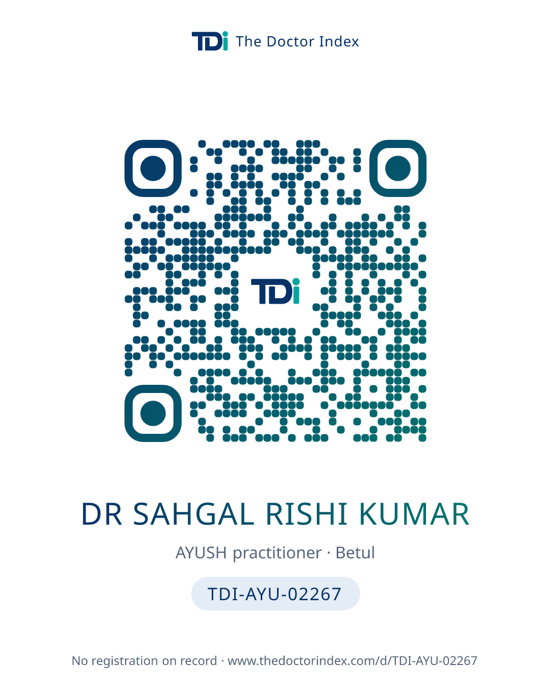 QR card for Dr Sahgal Rishi Kumar, TDI-AYU-02267