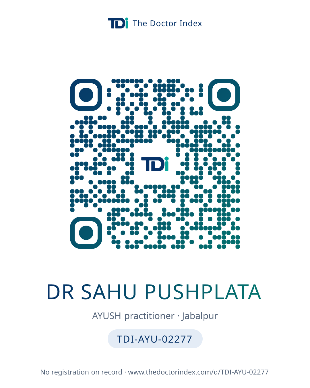 QR card for Dr Sahu Pushplata, TDI-AYU-02277