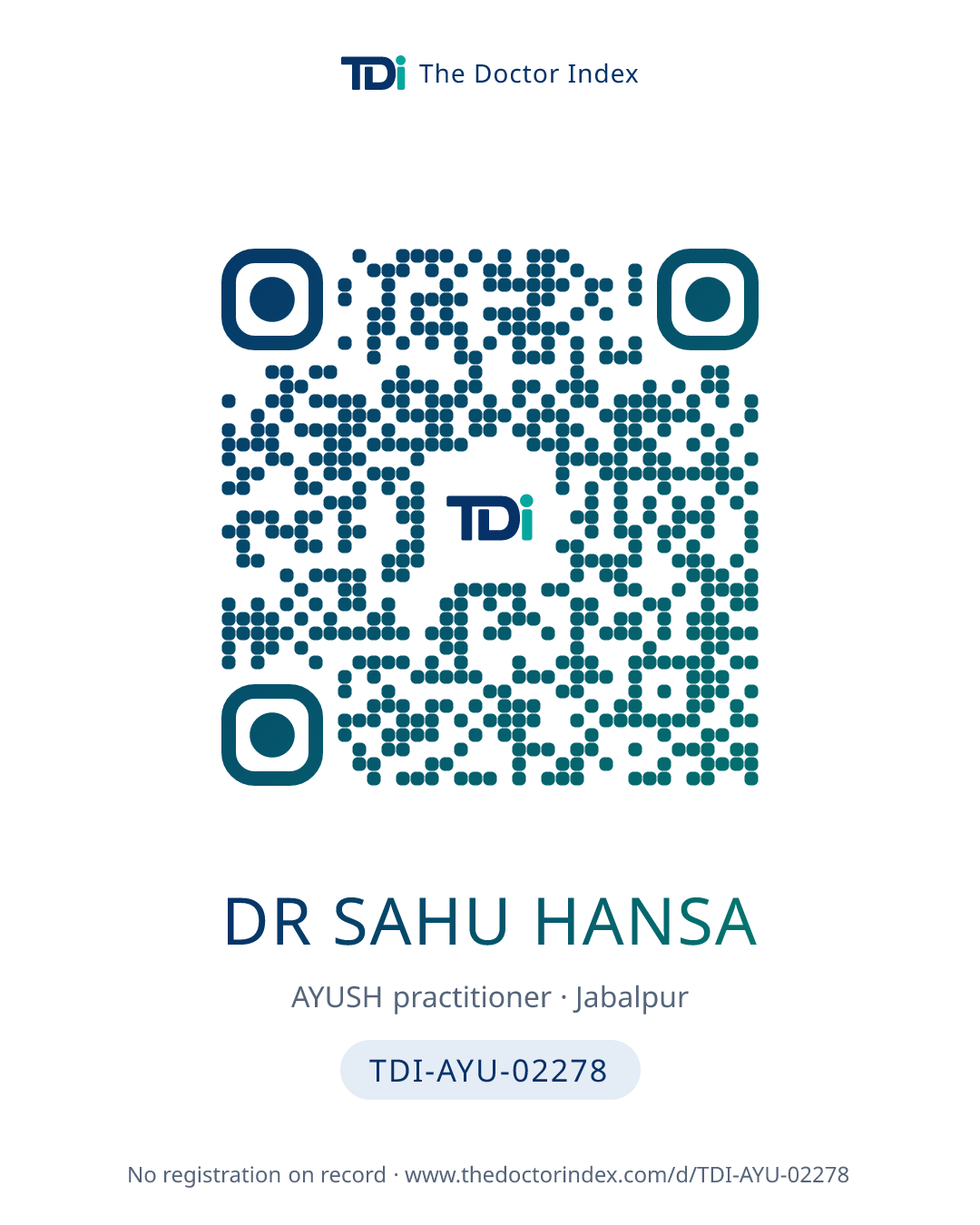 QR card for Dr Sahu Hansa, TDI-AYU-02278