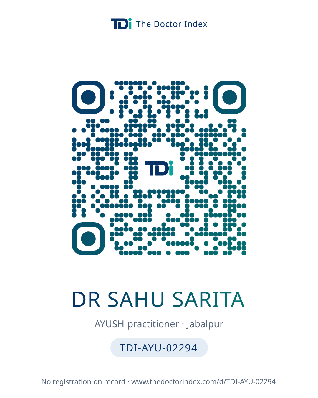 QR card for Dr Sahu Sarita, TDI-AYU-02294
