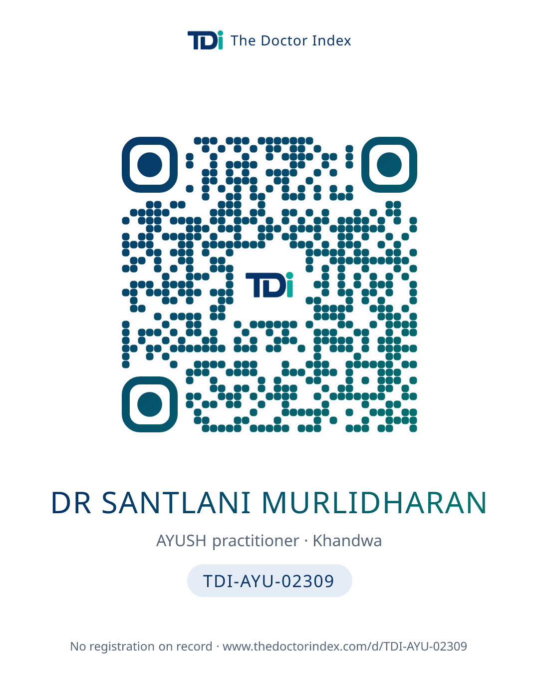 QR card for Dr Santlani Murlidharan, TDI-AYU-02309