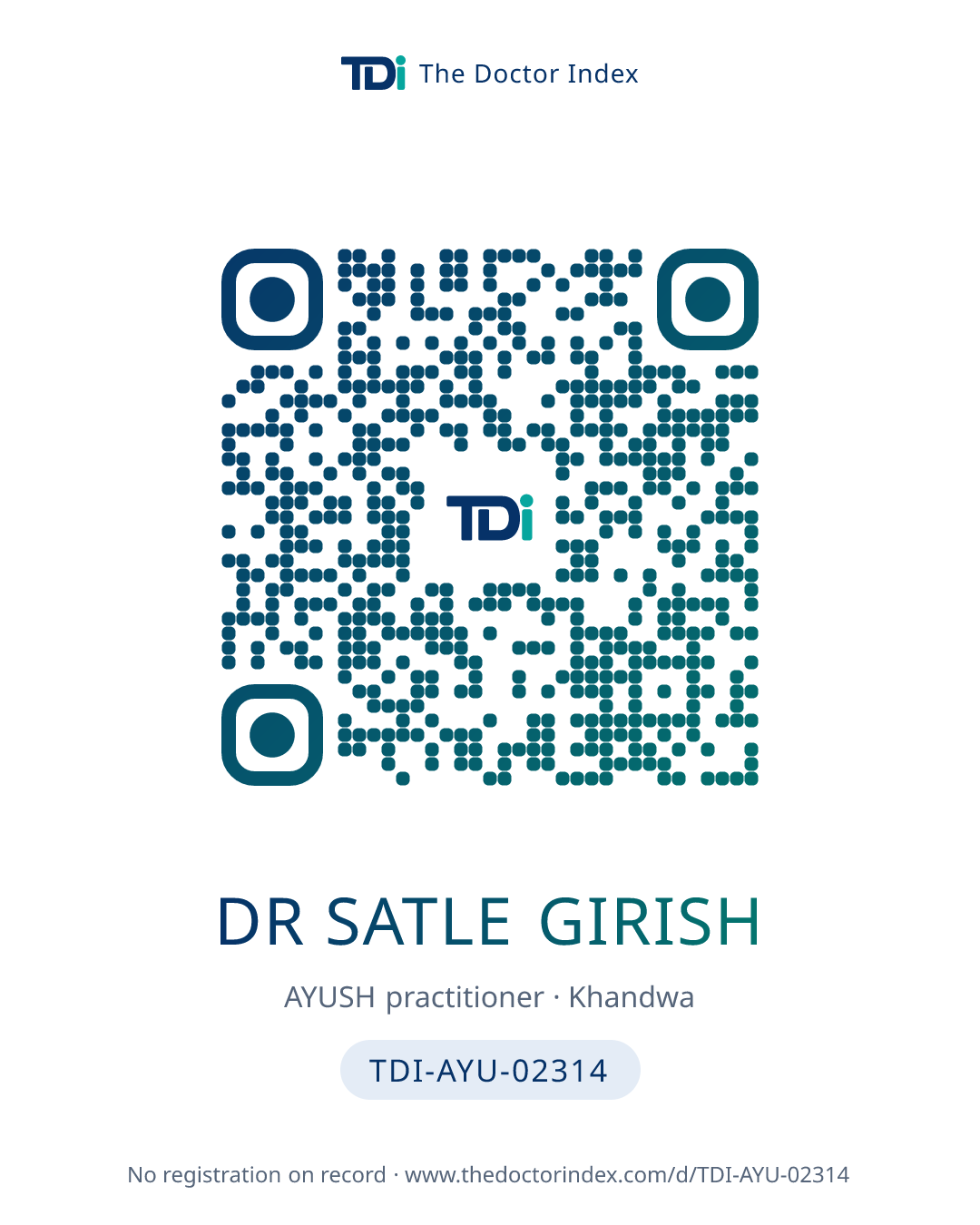QR card for Dr Satle Girish, TDI-AYU-02314