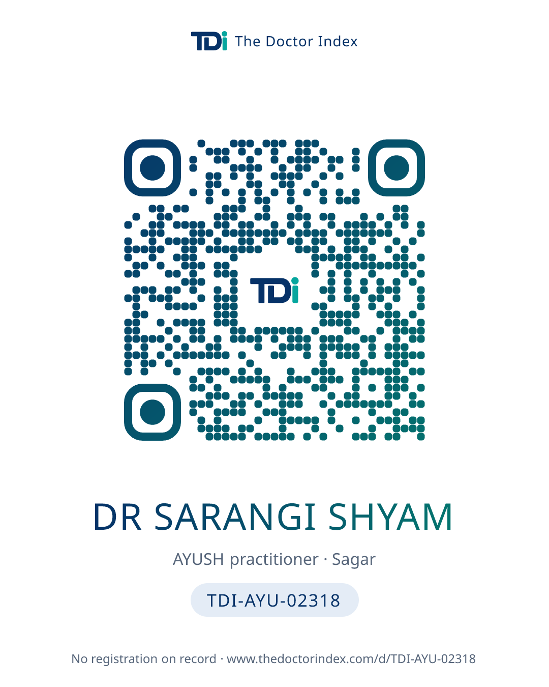 QR card for Dr Sarangi Shyam, TDI-AYU-02318