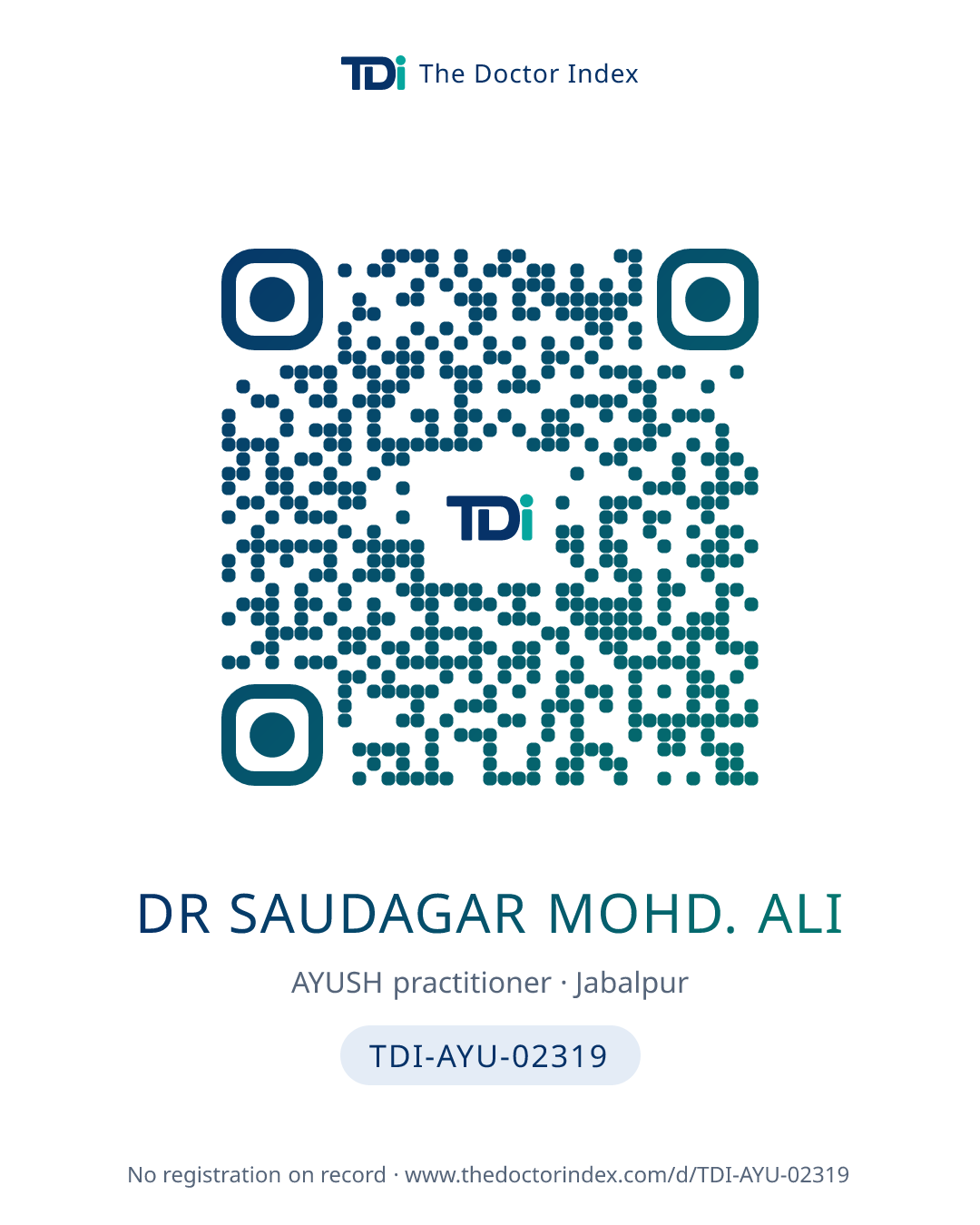 QR card for Dr Saudagar Mohd. Ali, TDI-AYU-02319