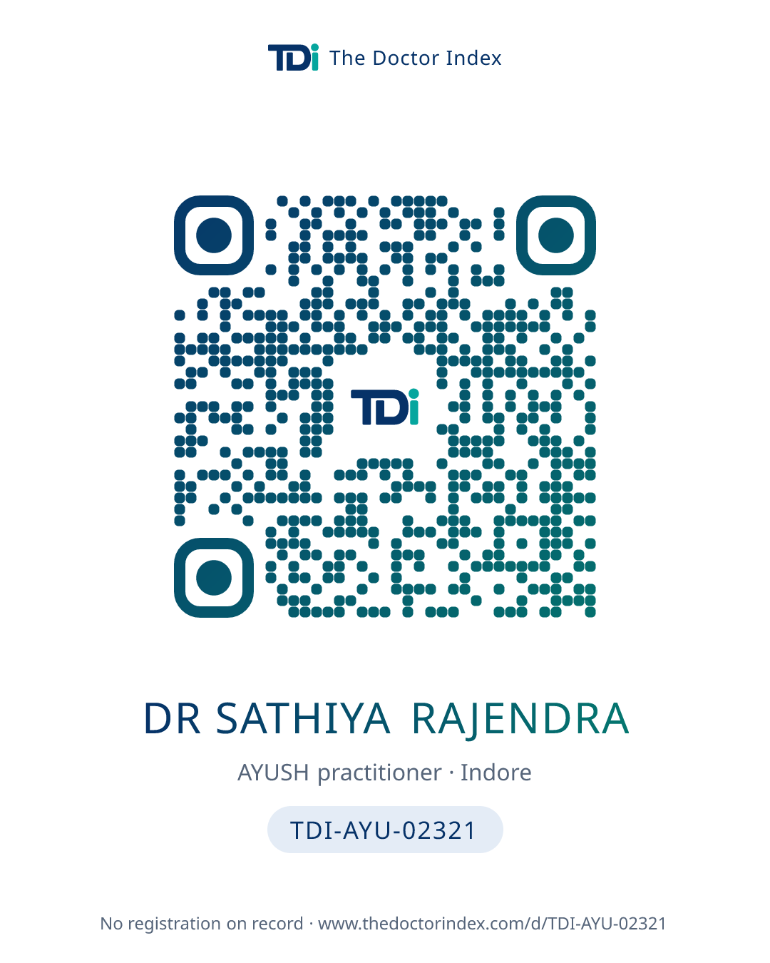 QR card for Dr Sathiya Rajendra, TDI-AYU-02321