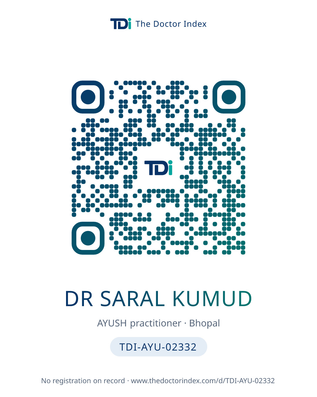 QR card for Dr Saral Kumud, TDI-AYU-02332