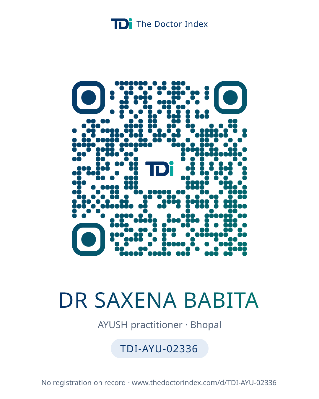 QR card for Dr Saxena Babita, TDI-AYU-02336
